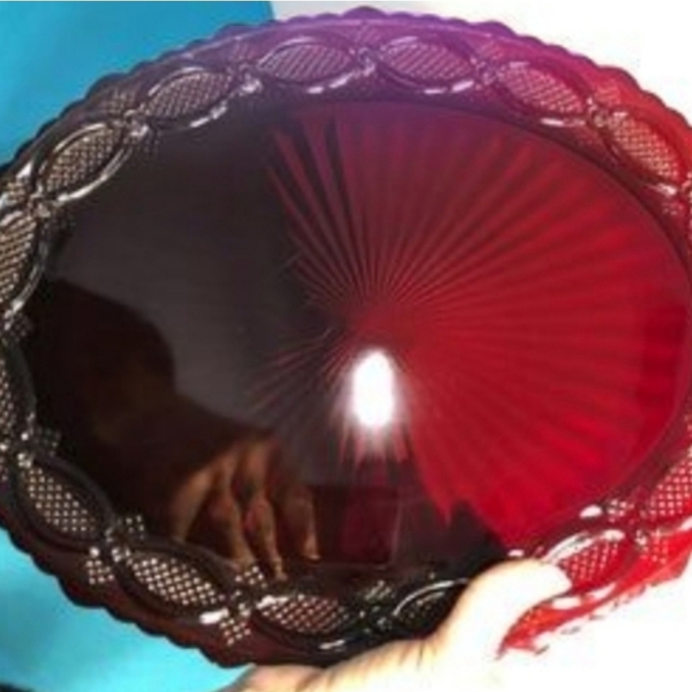 FINAL 80s Ruby RED Cape Cod Glassware Raised Oval Pressed Glass Platter Veigned